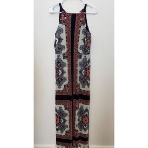 CB Established 1962 Womens Pleated Maxi Dress Navy Orange Boho Tile Print Sz 6